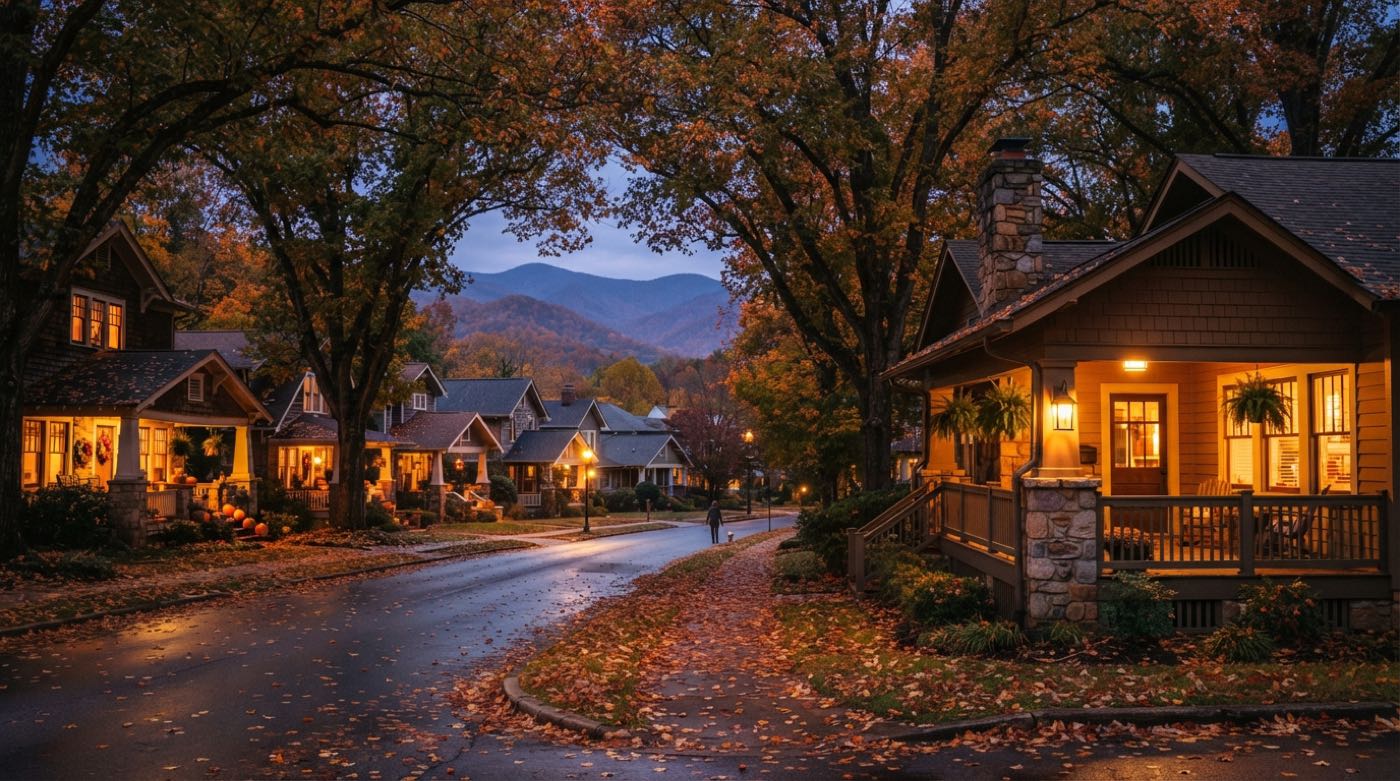 A tree-lined West Asheville street at dusk